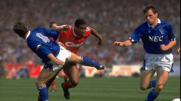 Barnes in action against Everton in the FA Cup final at Wembley in 1989