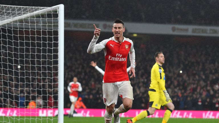 Laurent Koscielny celebrates after scoring against Newcastle