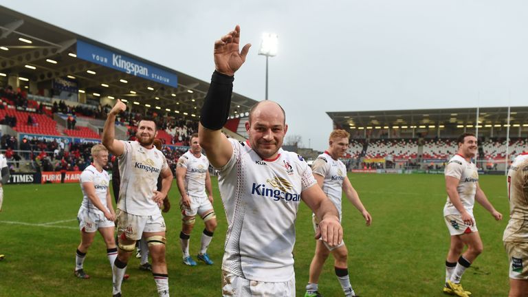 Rory Best (C) waves to the crowd after the victory over Oyonnax