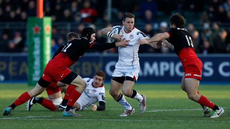 Craig Gilroy is challenged by Saracens' Duncan Taylor and Marcelo Bosch