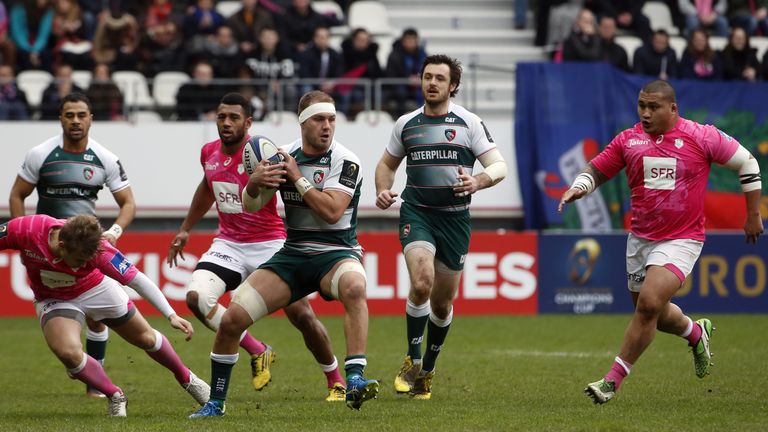 Locky McCaffrey snatches the ball during the Champions Cup match between Stade Francais and Leicester Tigers