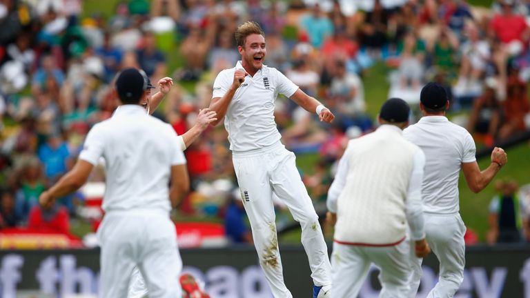 Stuart Broad celebrates taking the wicket of AB de Villiers during his incredible spell in Johannesburg four years ago