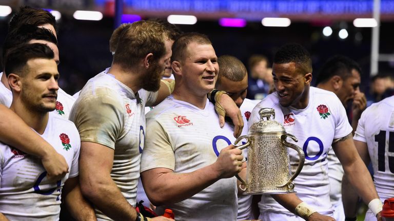 England captain Dylan Hartley and his team pose with the Calcutta Cup following their victory over Scotland