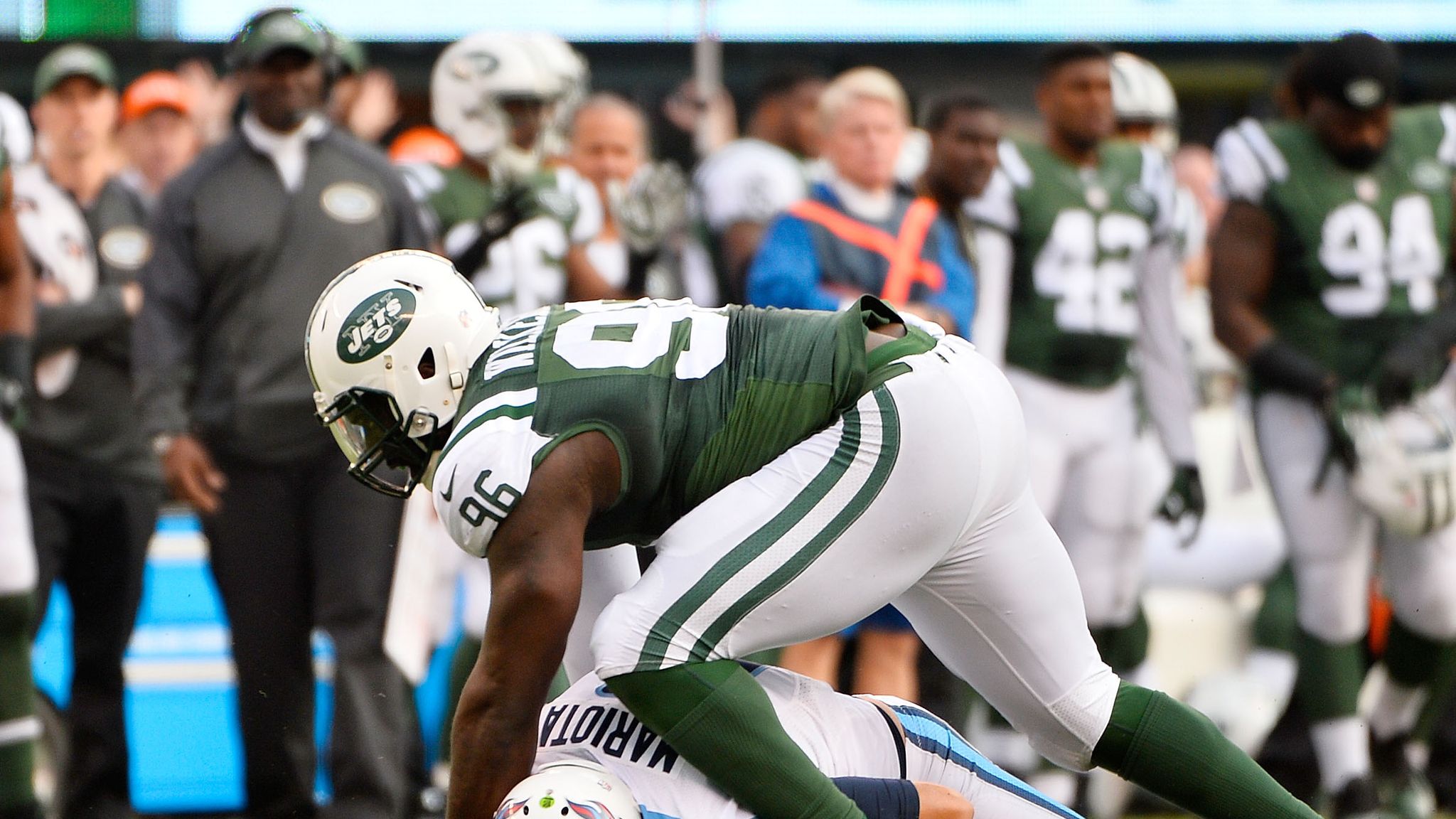 New York Jets defensive end Muhammad Wilkerson (96) reacts after