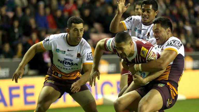 Wigan Warriors' Willie Isa is stopped short of the try line 