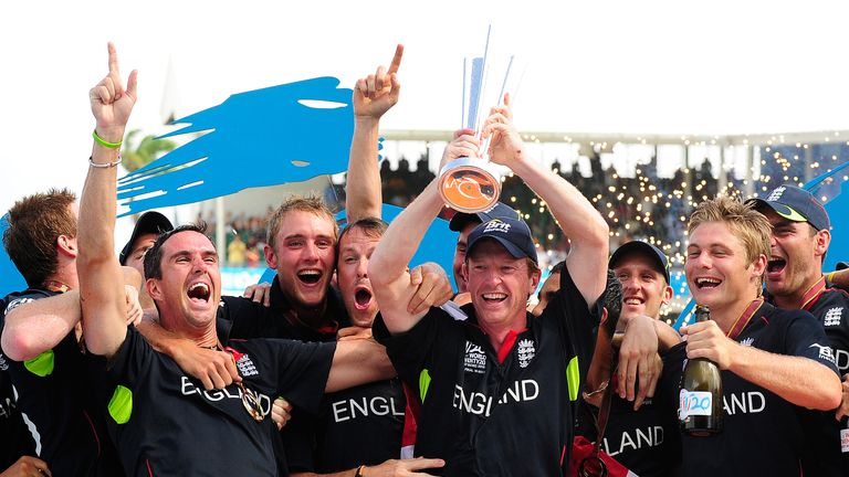 Paul Collingwood lifts the ICC World Twenty20 trophy in 2010