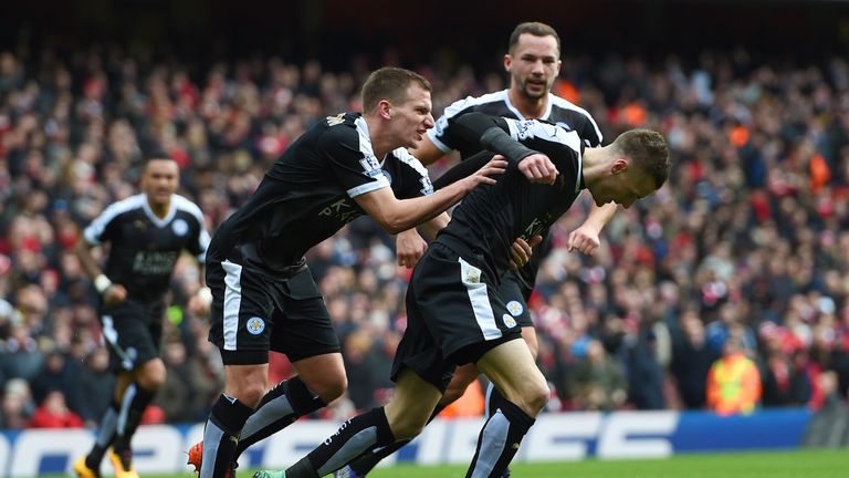Vardy celebrates with team-mates