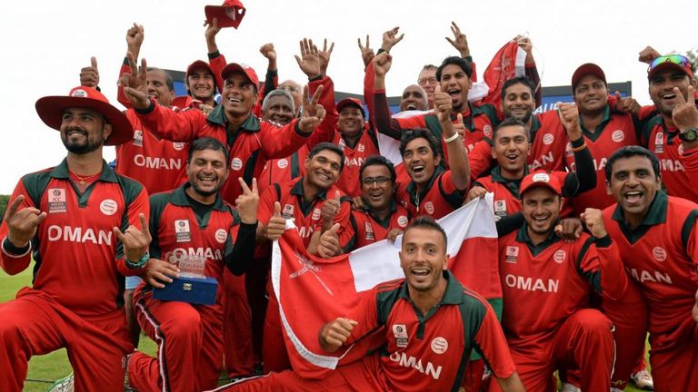 Oman celebrate qualifying for the World T20. Pic: ICC
