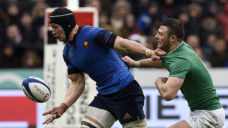 France flanker Wenceslas Lauret vies with Ireland's Robbie Henshaw