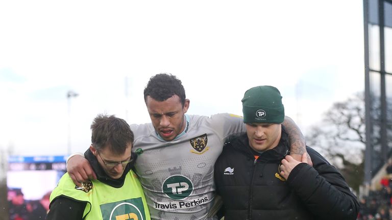 Courtney Lawes was carried off the pitch during the game at Allianz Park