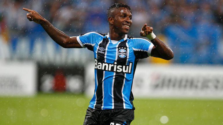 Miller Bolanos celebrates scoring for Brazilian club Gremio