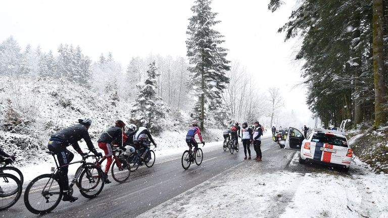 Stage three was halted after heavy snow began falling on the peloton