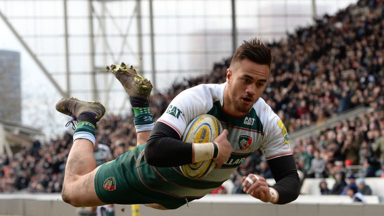 Peter Betham dives in to score Leicester's third try