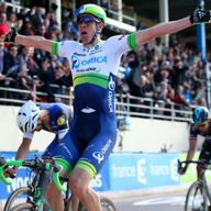 Mathew Hayman celebrates after out-sprinting Tom Boonen (left) and Ian Stannard (right)