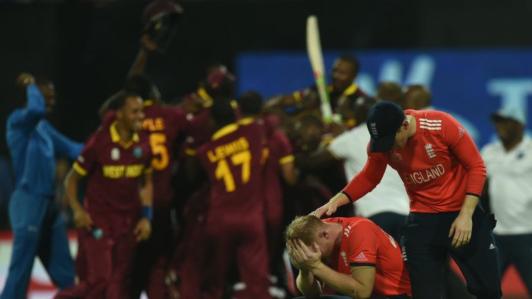 Ben Stokes is consoled by team England captain Eoin Morgan after West Indies win the World T20 final