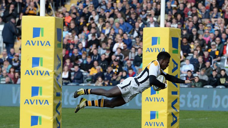 Christian Wade of Wasps scoring his fifth try of the match 