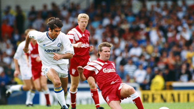 Leeds United's Eric Cantona ( left) vies with Liverpool's Ronnie Whelan in the Premier League's first season