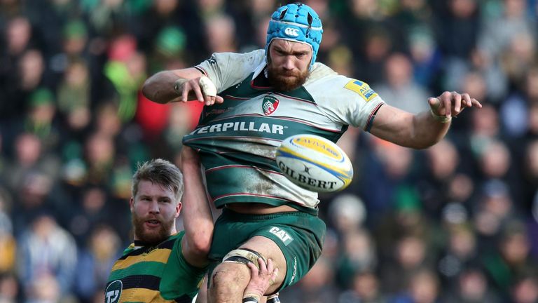 Leicester's Graham Kitchener claims the ball from a line-out