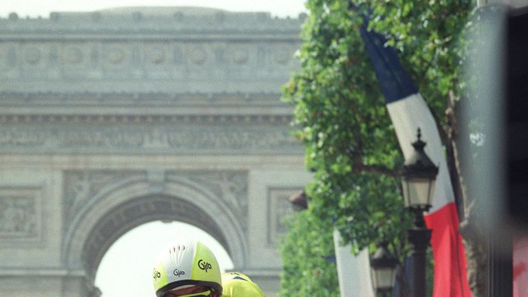 Greg LeMond rides down the Champs-Elysees at the end of the last stage of the 1989 Tour de France