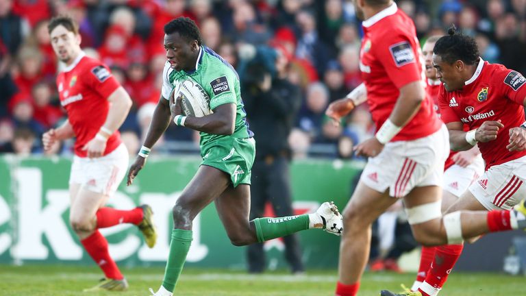 Niyi Adeolokun breaks free to score for Connacht