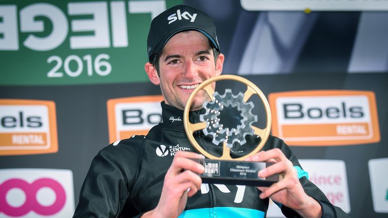 Wout Poels celebrates winning Liege-Bastogne-Liege