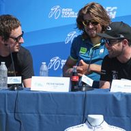 From left, Sir Bradley Wiggins, Peter Sagan and Mark Cavendish share a laugh at a press conference ahead of the Amgen Tour of California
