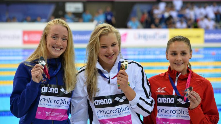 Chloe Tutton (right) took bronze behind
Ruta Meilutyte (middle) and Hrafnhildu Luthersdottir (left)