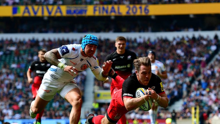 Chris Wyles of Saracens dives over the line to score his team's second try 