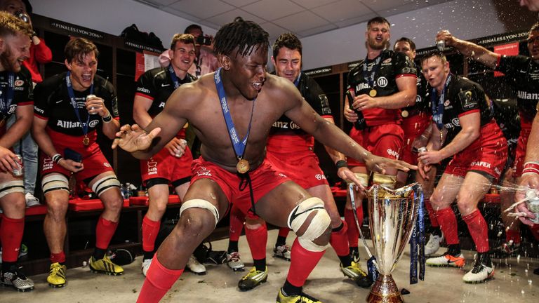 Maro Itoje leads the celebrations after Saracens' Champions Cup success