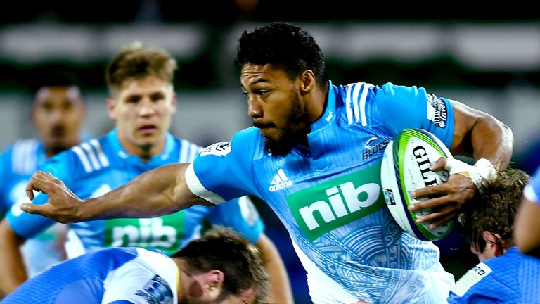 George Moala of the Blues attempts to break from a tackle  during the Super Rugby match against the Force