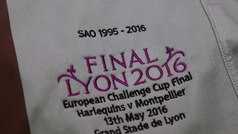 The commemorative embroidery on the Harlequins shirts is seen alongside a memorial to young Harlequins player Seb Adeniran-Olule