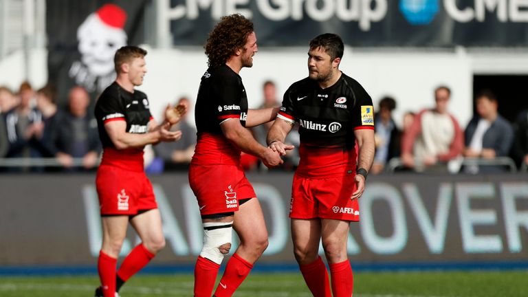 Saracens' Jacques Burger was congratulated by Brad Barritt as he left the field in his last match