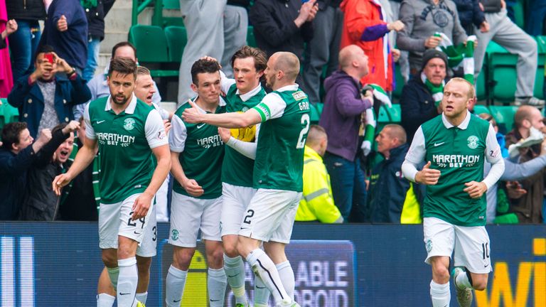 Hibernian's John McGinn (middle) celebrates after he scored his side's opener against Raith Rovers