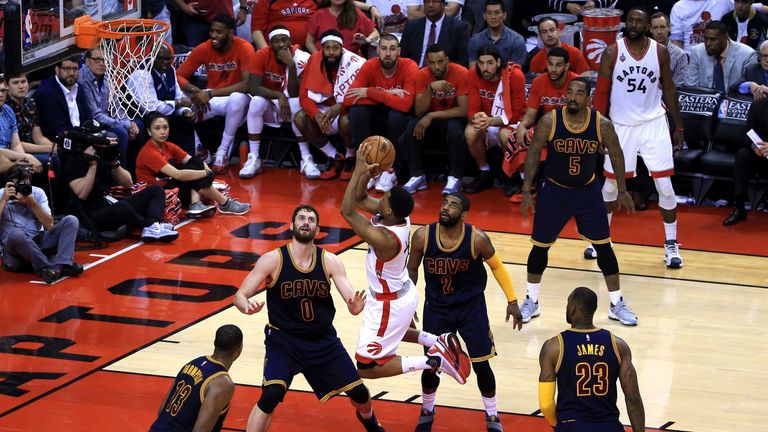 Kyle Lowry shoots for the Toronto Raptors during his fine display on Monday evening