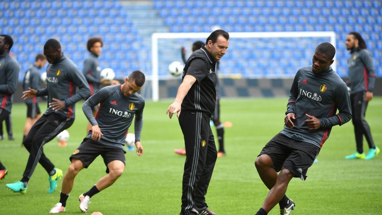 Belgium coach Marc Wilmots (middle) oversees a training session on Tuesday