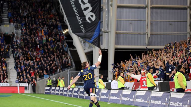 Liam Squire celebrates with the sold-out crowd at Forsyth Barr Stadium