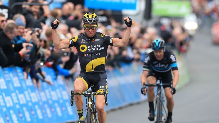 Voeckler crosses the line to win stage three of the 2016 Tour de Yorkshire and claim overall victory