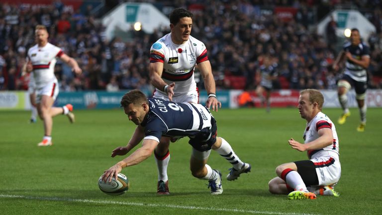 Will Cliff of Bristol dives over for a try against Doncaster