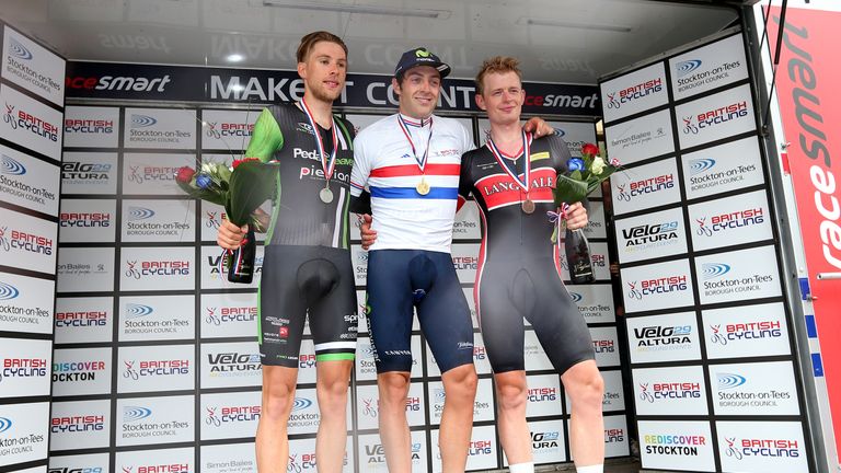 Time-trial champion Alex Dowsett (middle) celebrates with James Gullen (left) and Ryan Perry (right)