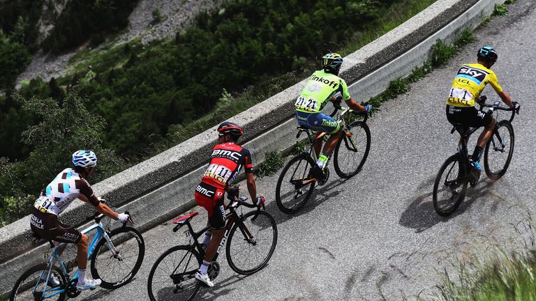 From right, Chris Froome, Alberto Contador, Richie Porte and  Romain Bardet on stage seven of the Criterium du Dauphine