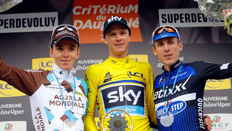 Froome on the Dauphine podium with Romain Bardet (left) and Dan Martin (right)
