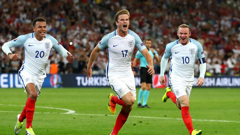 Eric Dier celebrates scoring for England from a free-kick