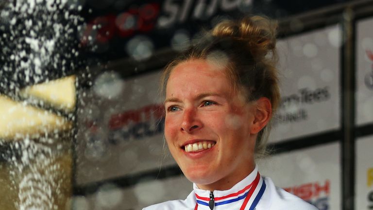 Hannah Barnes celebrates after winning the National Road Race title at Stockton-on-Tees