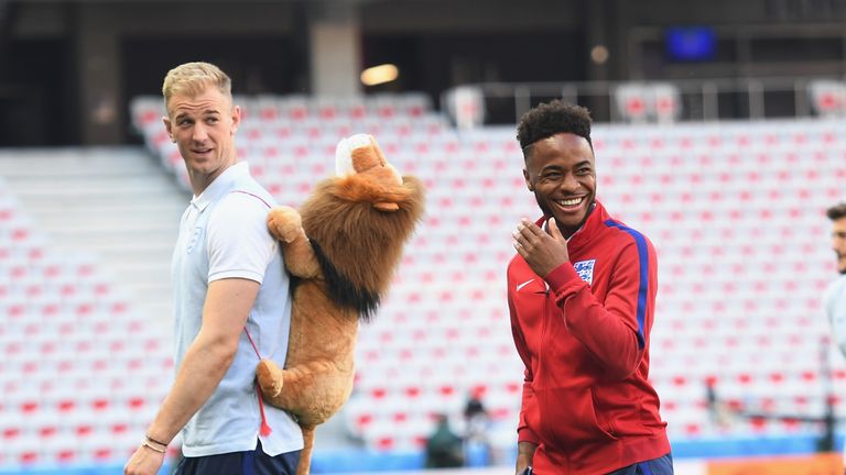 Joe Hart and Raheem Sterling were in good spirits at the Allianz Riviera Stadium on Sunday