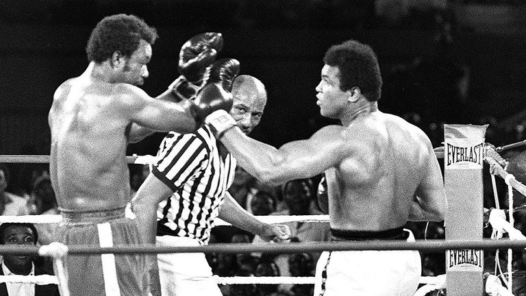 Ali pounces off the ropes to finish Foreman in the eighth round