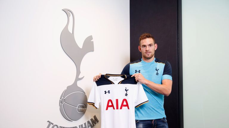Vincent Janssen poses with the Tottenham shirt at their training ground