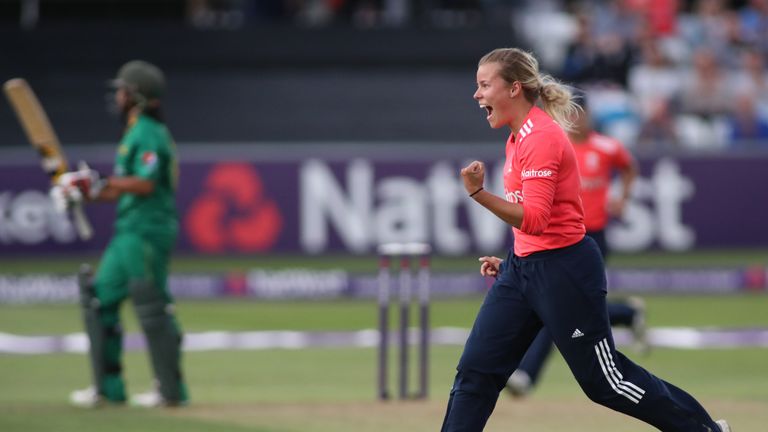 Alex Hartley celebrates dismissing Pakistan's Iram Javed in T20 match at Chelmsford
