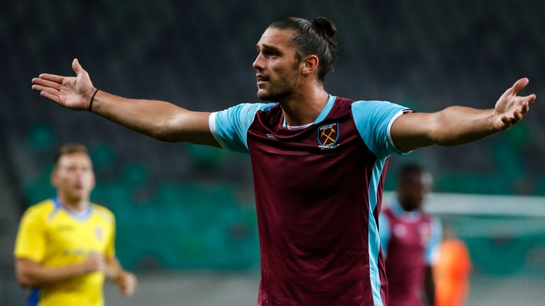 Andy Carroll reacts during West Ham's 2-1 defeat to NK Domzale in Slovenia