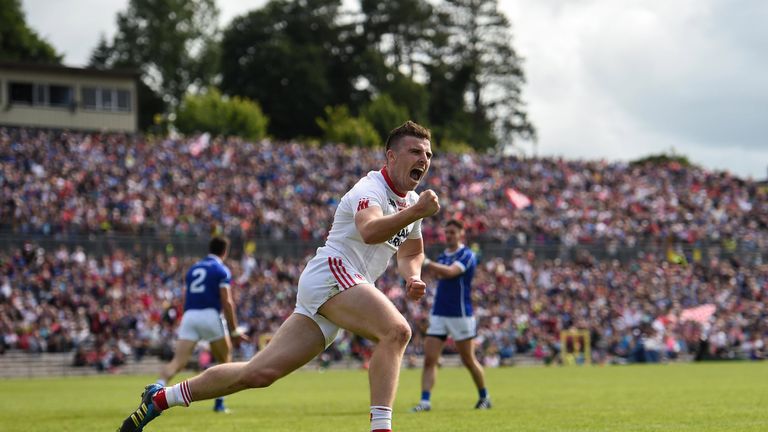 Connor McAliskey of Tyrone celebrates after scoring his side's third goal