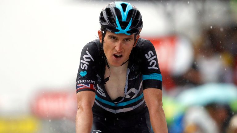 Geraint Thomas was soaked when he crossed the finish line on stage nine
